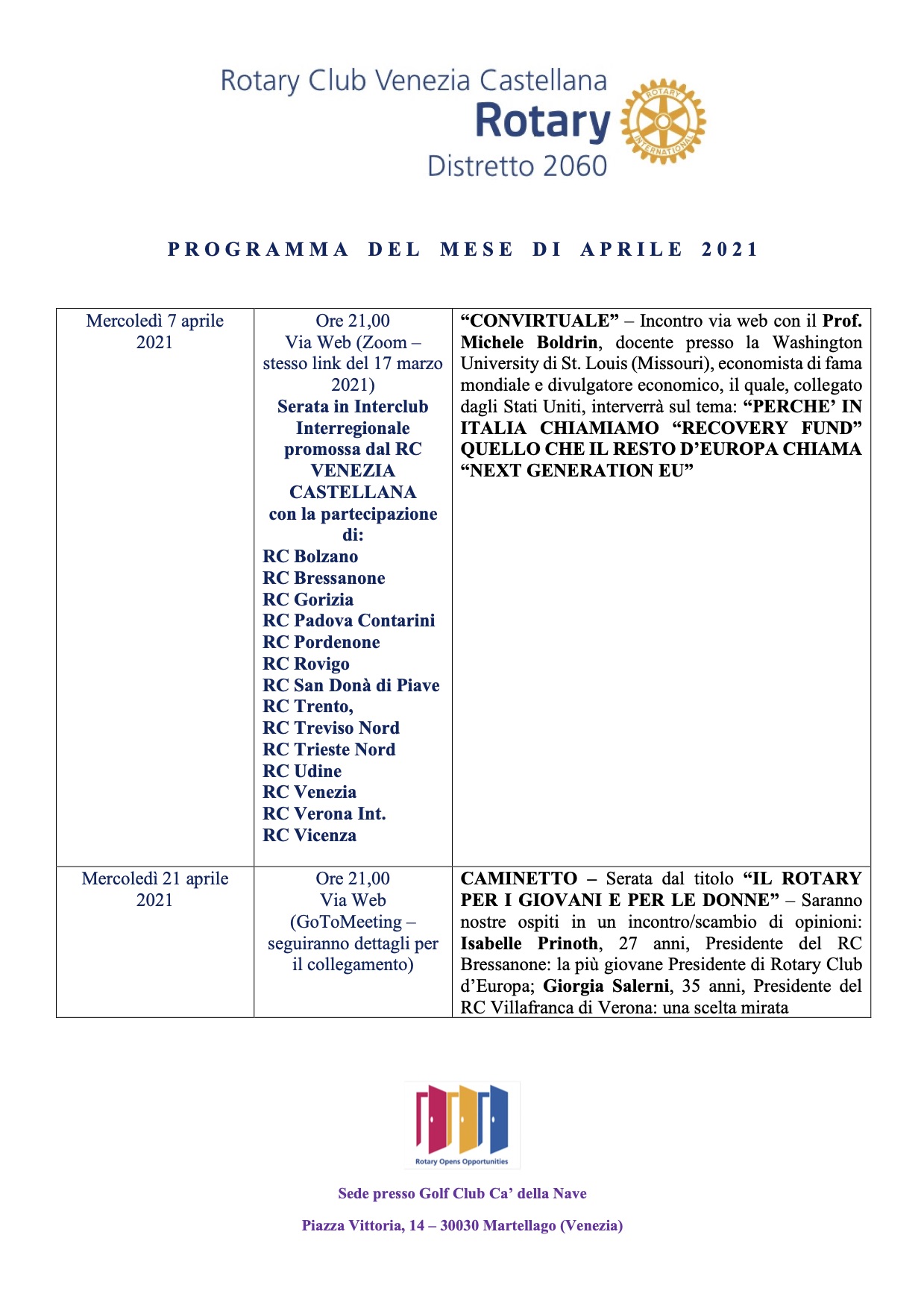 RC Venezia Castellana Programma mese di aprile 2021