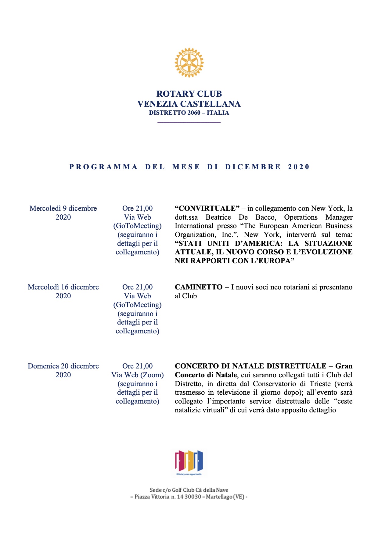 RC Venezia Castellana Programma mese di dicembre 2020